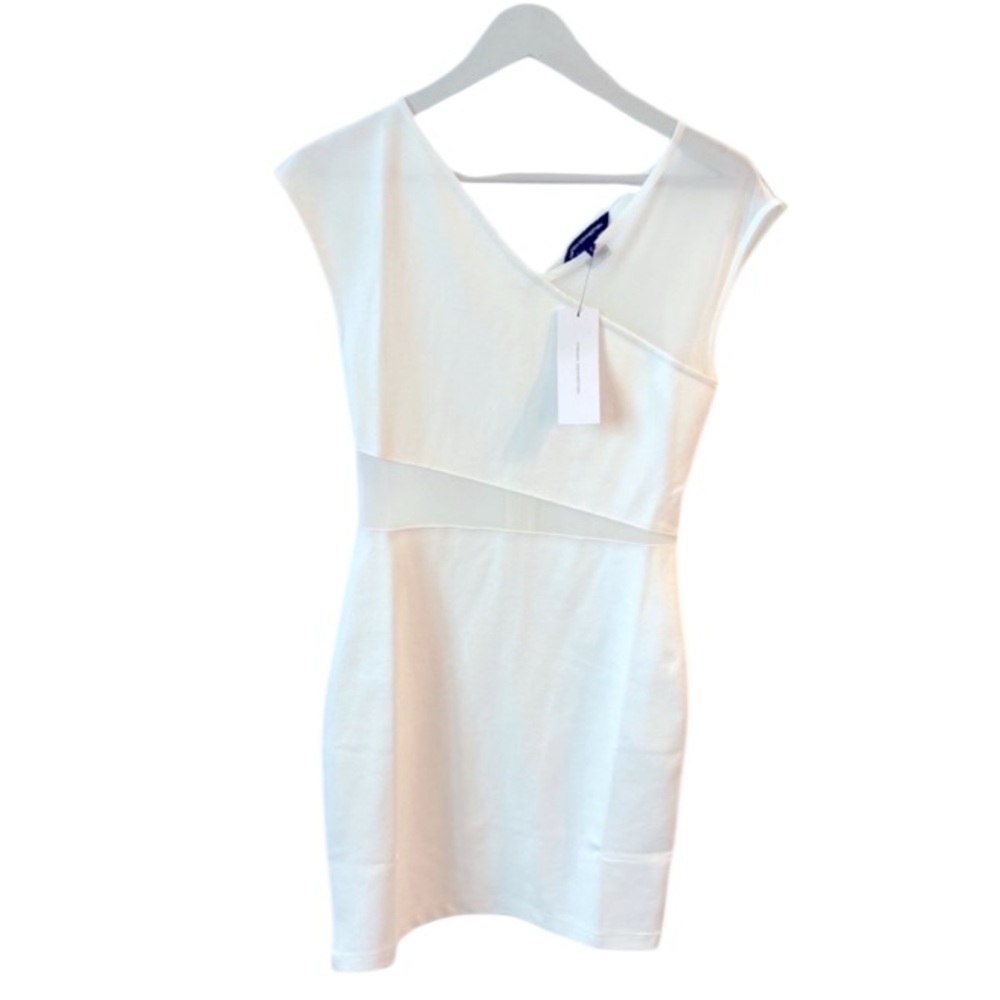 French Connection Lula Ponte White Mesh Mix Bodycon Mini Dress Graduation, S NEW